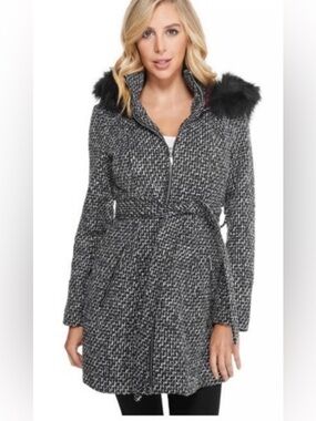 Guess Black & White Tweed Belted Trench Coat with Faux Fur Trim